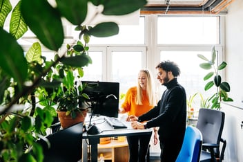 Colleagues Problem Solving At Standing Desk