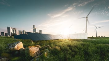 Concept of sustainable energy solution in beautifull sunset backlight. Frameless solar panels, battery energy storage facility, wind turbines and big city with skycrapers in background. 3d rendering.