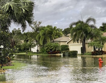 Flooded street in suburban neighborhood