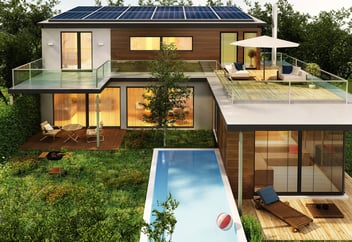 Modern house with pool and solar panels