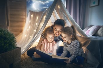 Mom and children reading book