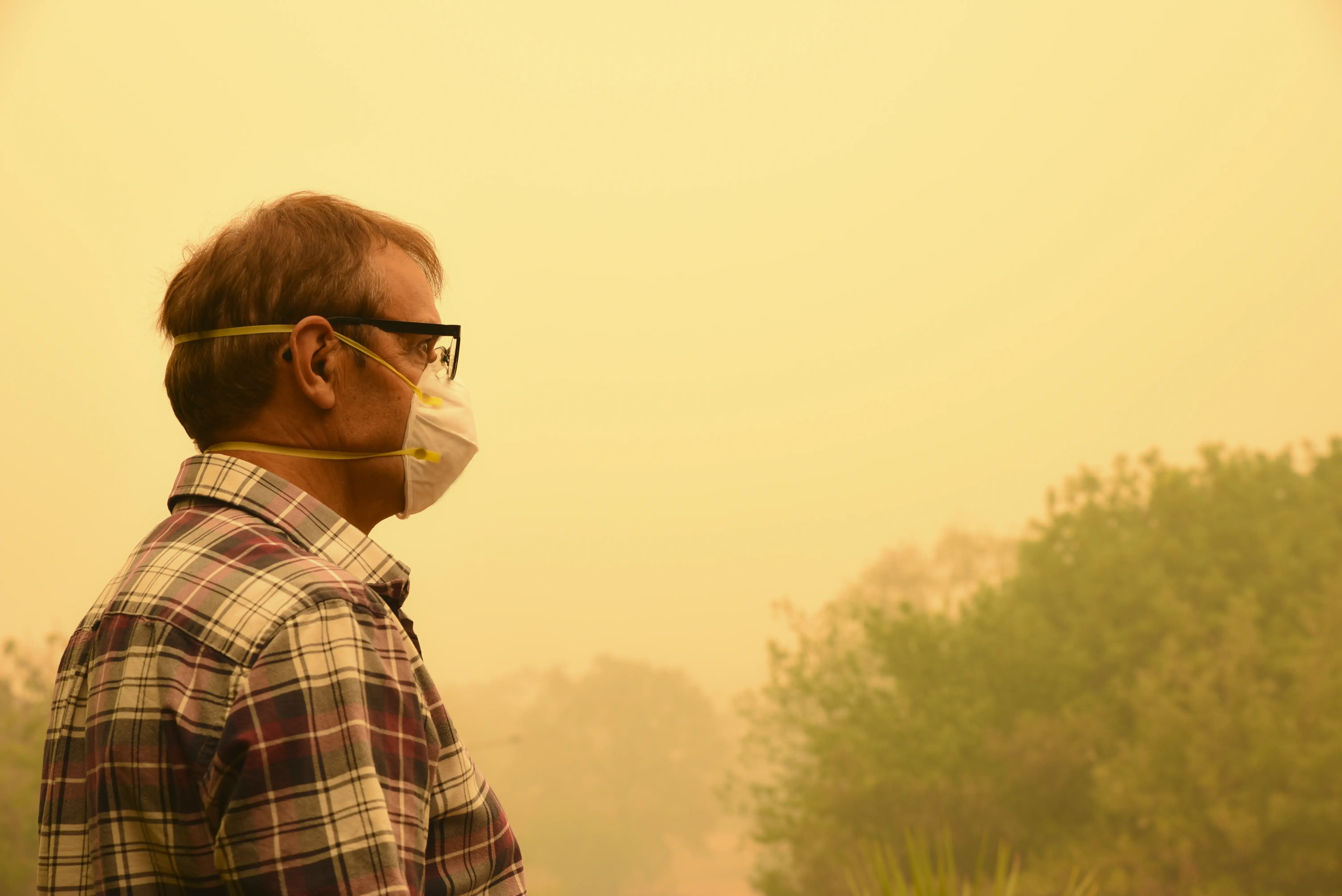 A man wears a face mask to protect himself against very dangerous level of air pollution.  A thick yellow fog coming from the nearby forest fires covers Canberra city.