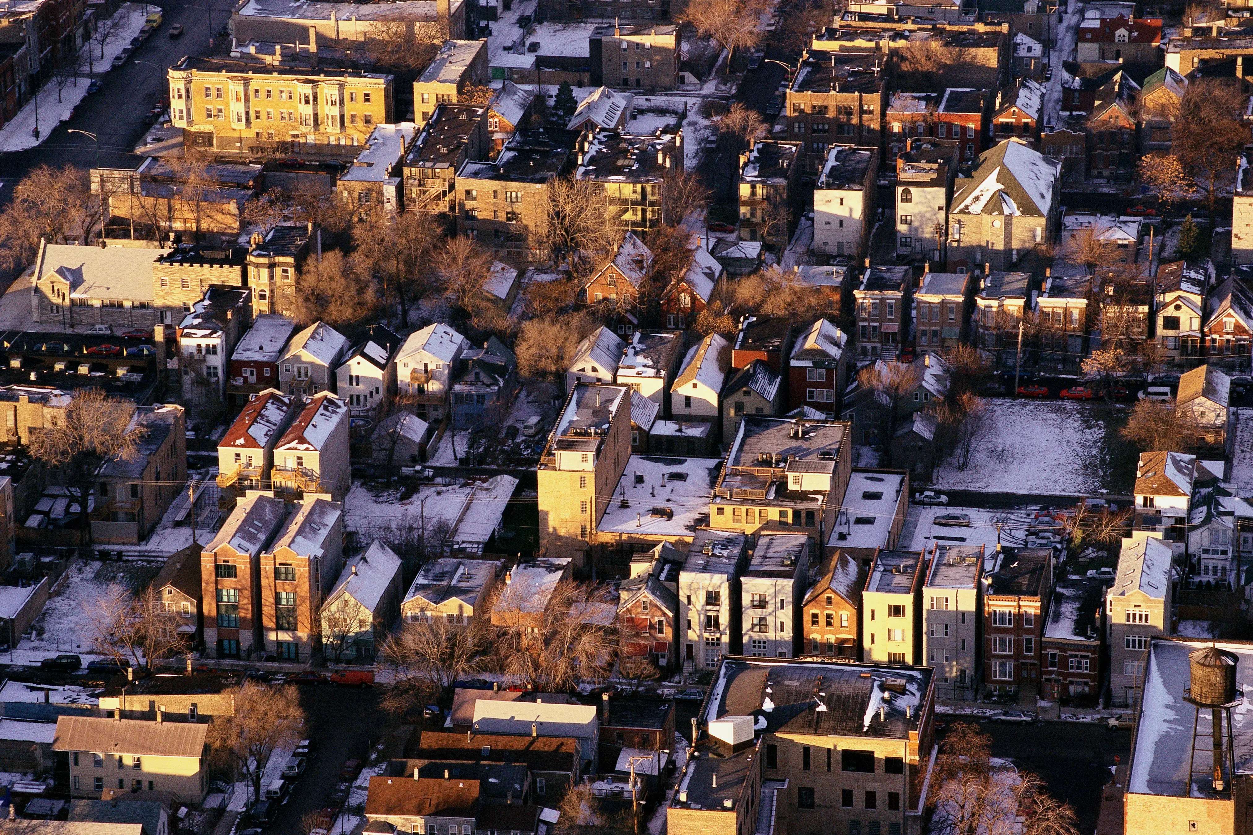 Aerial view of wintry Chicago suburbs