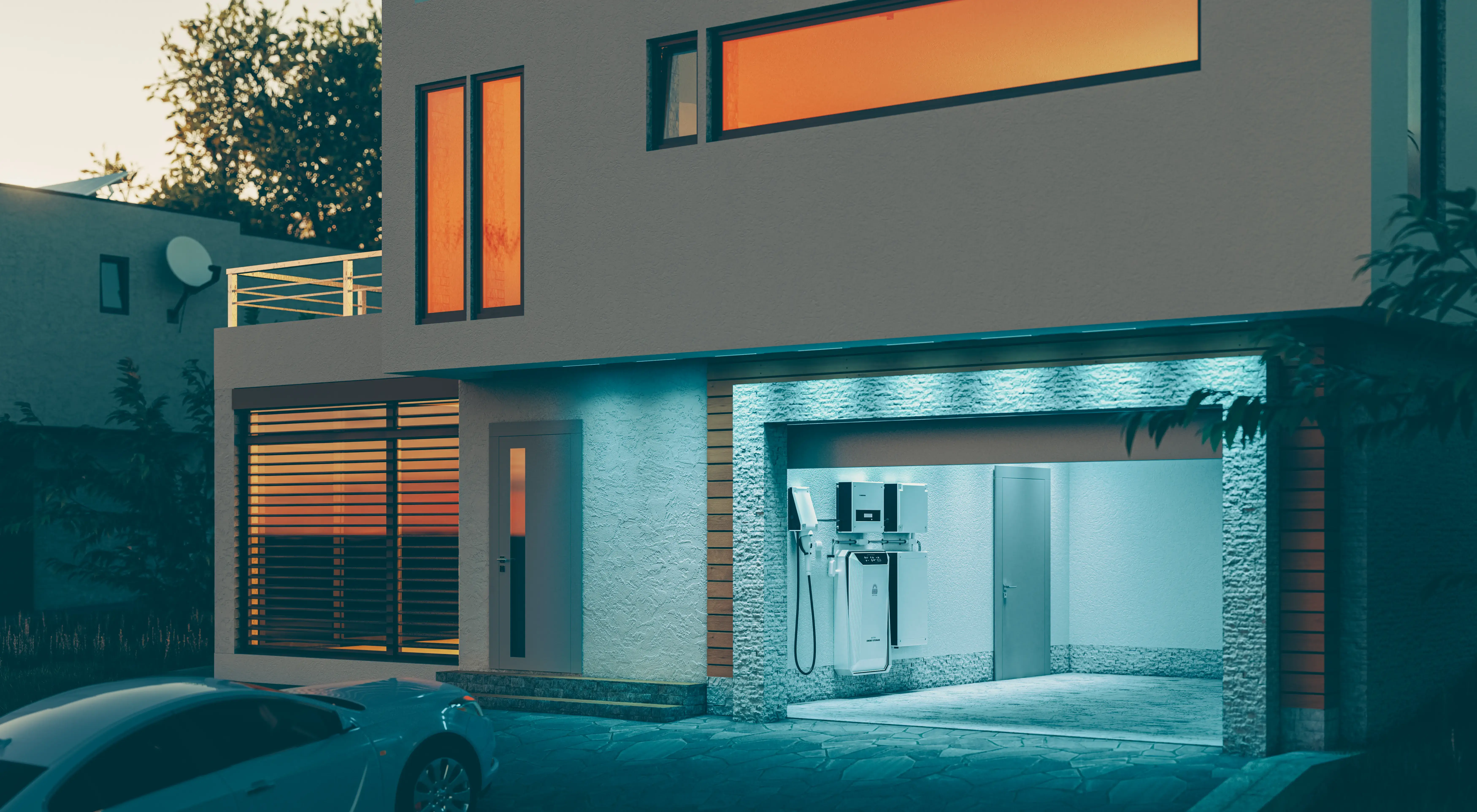 concept of a home battery energy storage system located in the garage of a modern family house in a futuristic blue light illuminating the evening atmosphere of a quiet street. 3d rendering.