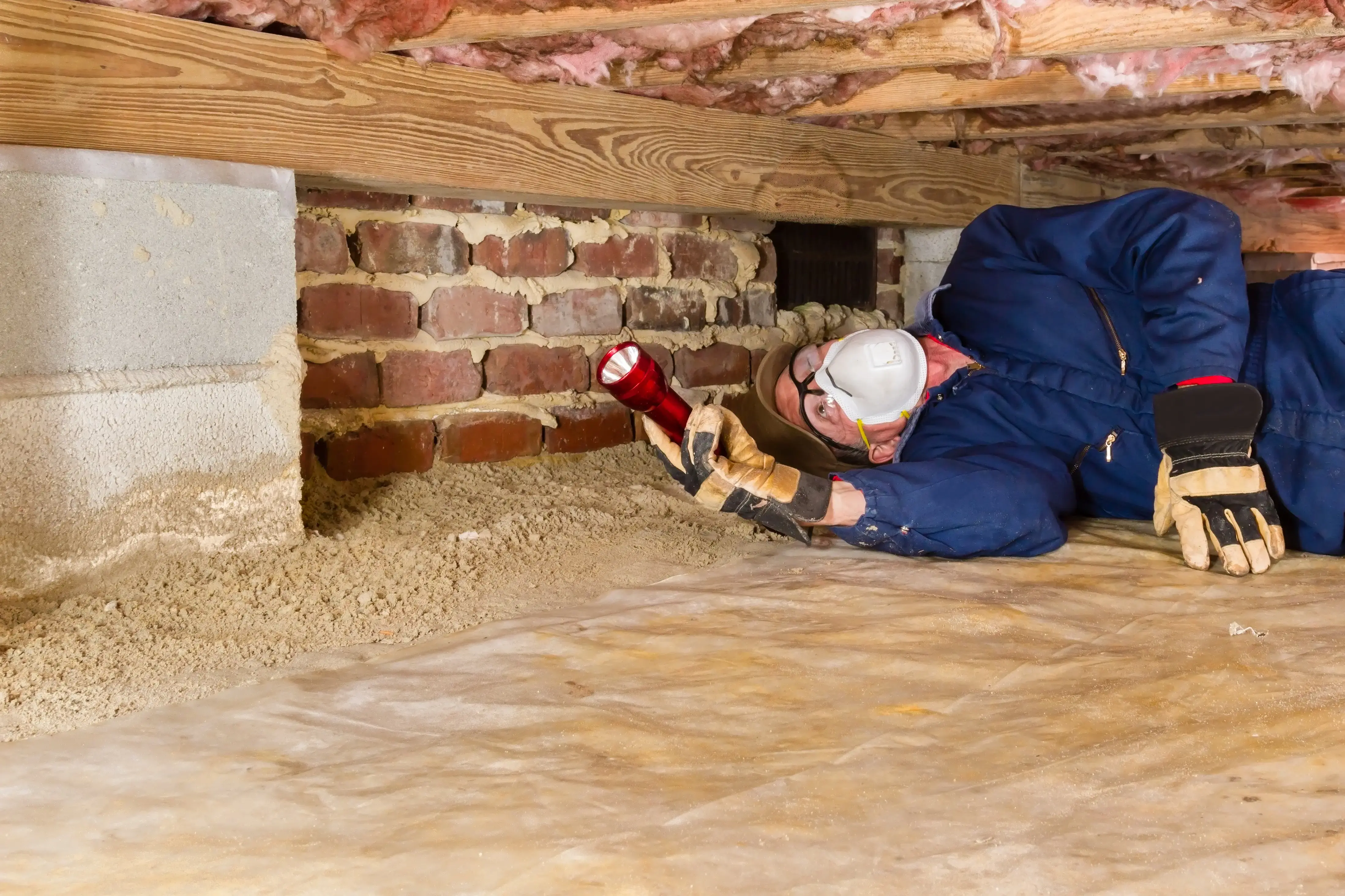 Man inspecting for termites in crawl space