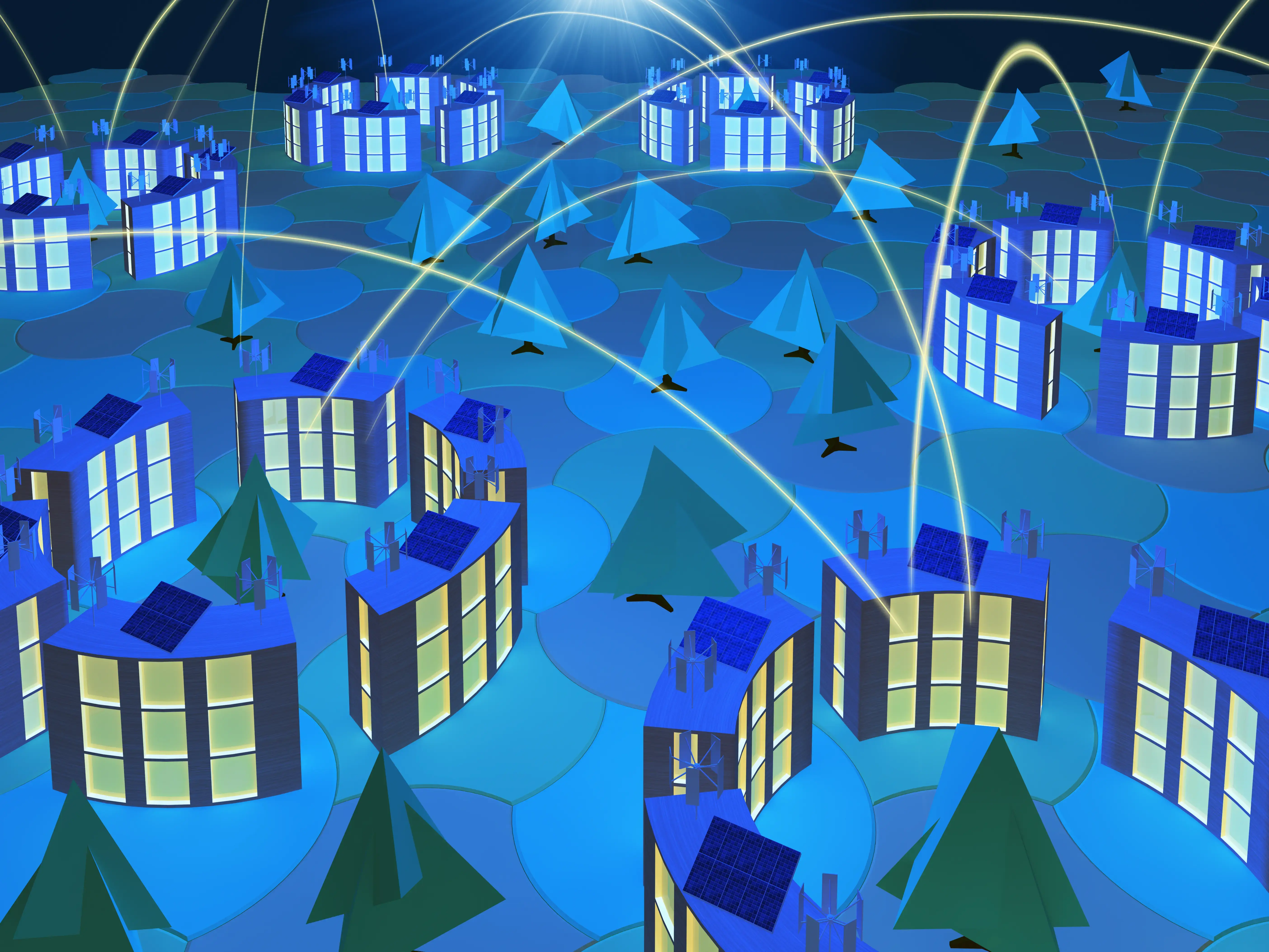 Smart City models night view with light trail