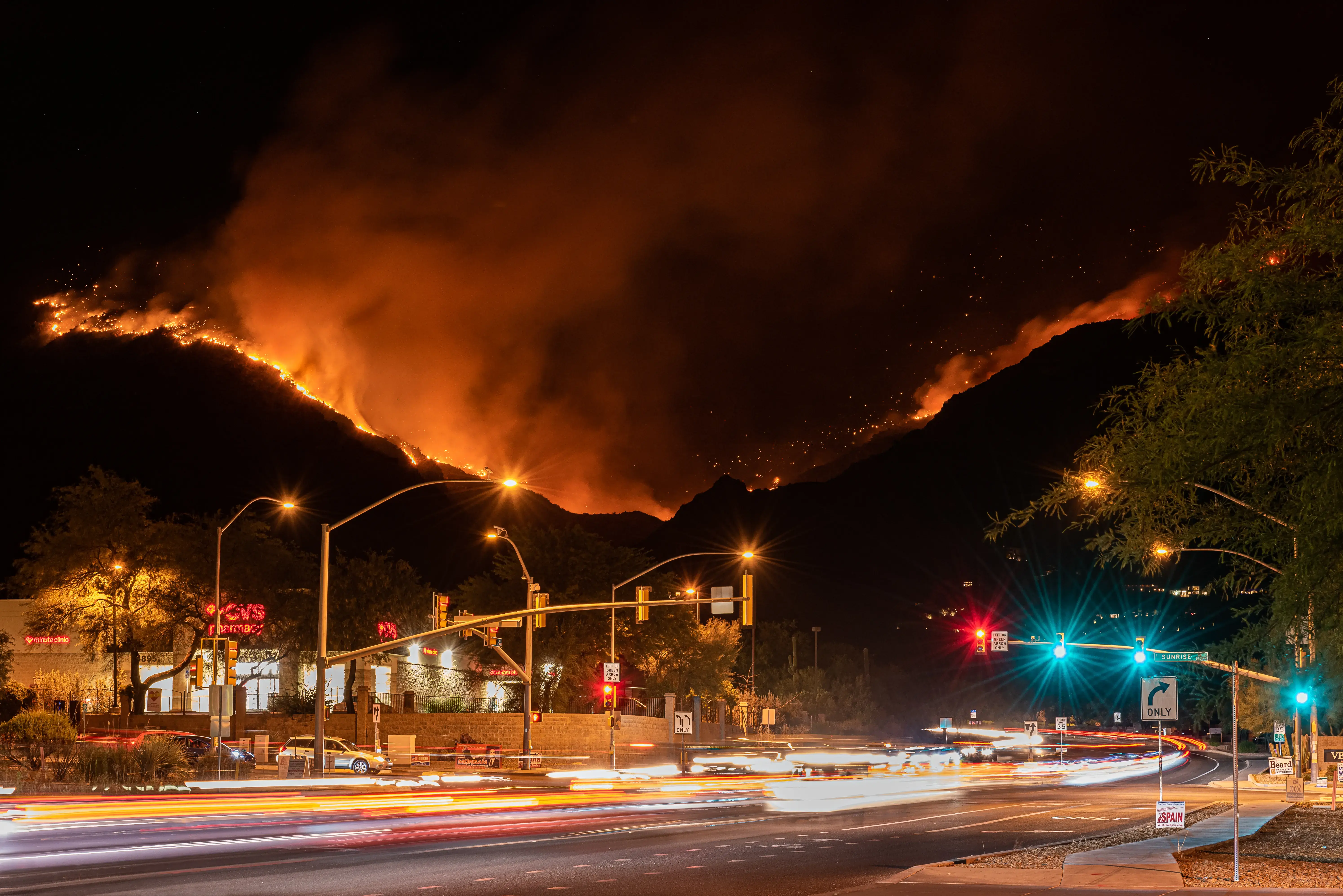 View of the forest fires in California at night