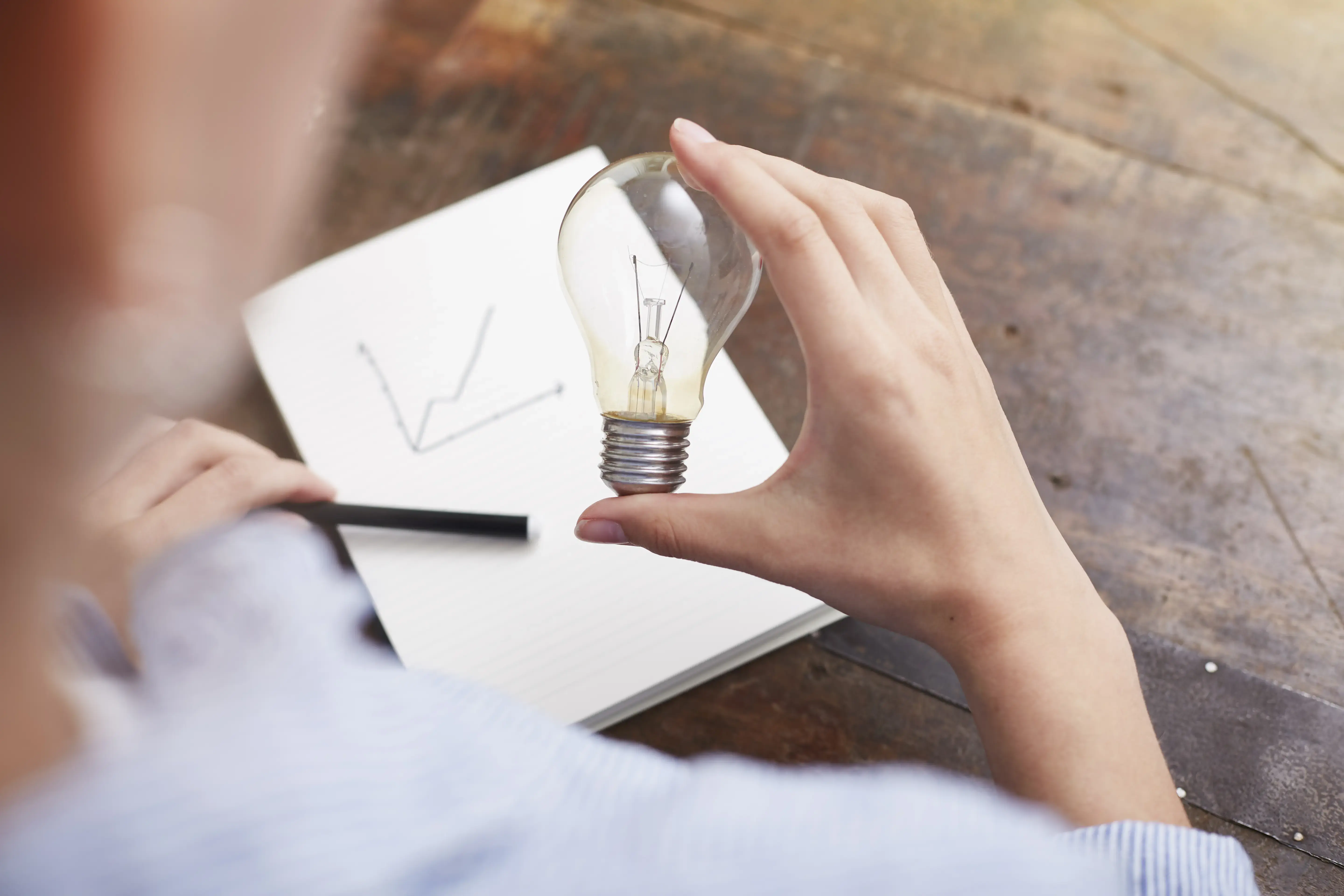 Woman with electric bulb planning way to save energy and money